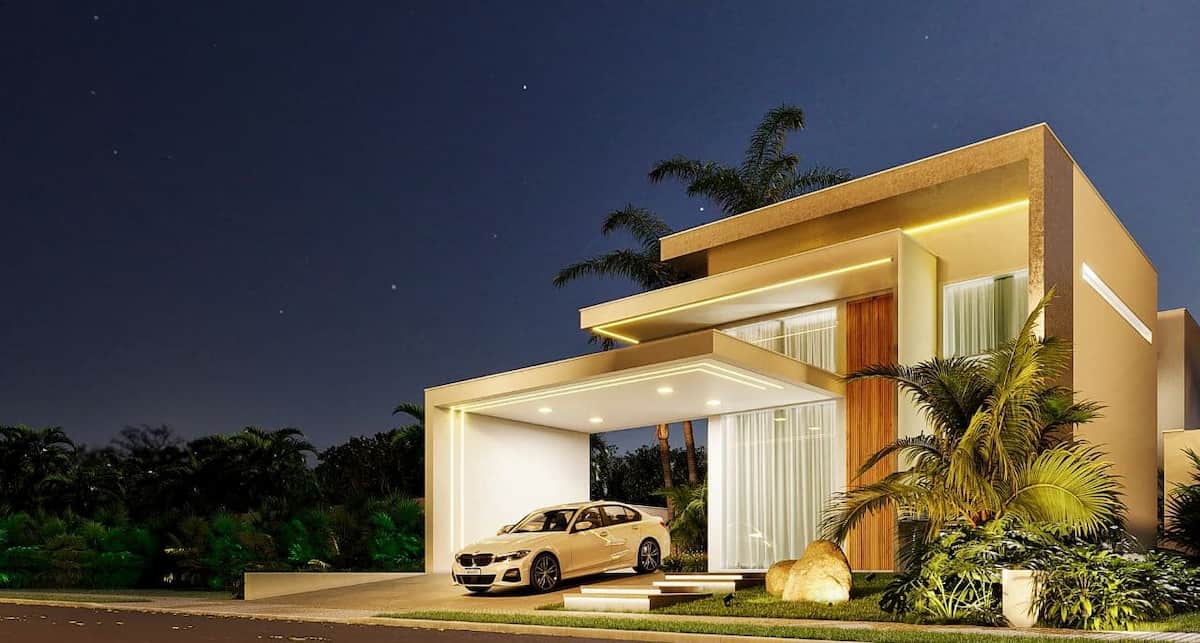 Projeto 3D da fachada de um sobrado de luxo à noite, com iluminação de LED sofisticada, mostrando o resultado de um projeto de engenharia e arquitetura profissional.