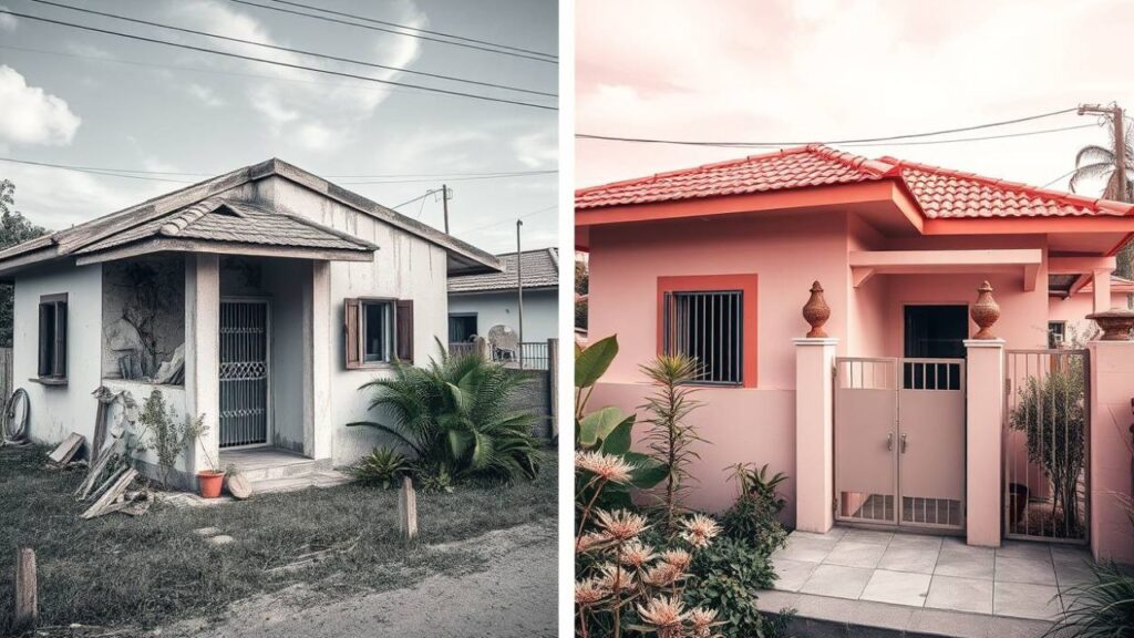Comparativo de antes e depois de uma reforma de fachada residencial, mostrando uma casa antiga desgastada à esquerda e a mesma casa modernizada com pintura rosa, novo portão e paisagismo à direita.