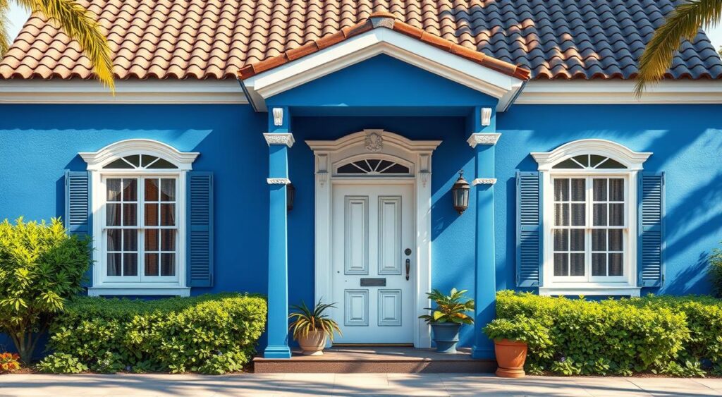 Fachada residencial de estilo clássico pintada em azul vibrante com detalhes em branco nas molduras das janelas e portas, destacando a harmonia entre a cor da parede, o telhado de cerâmica e o jardim frontal.