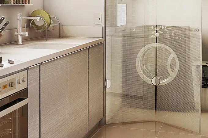 Modelos de Portas Articuladas e Retráteis para Ambientes Internos Porta articulada de vidro texturizado dividindo a cozinha da área de serviço, onde uma máquina de lavar é visível através da porta semi-transparente.