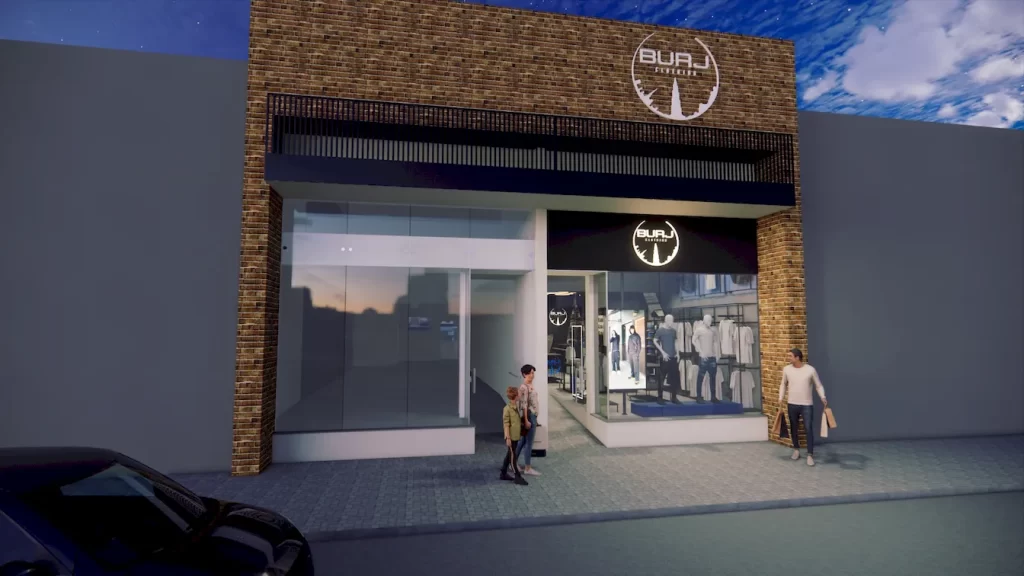 Projeto 3D da fachada da loja BURJ à noite, com uma vitrine de vidro ampla e bem iluminada em destaque, atraindo a atenção para os produtos expostos.