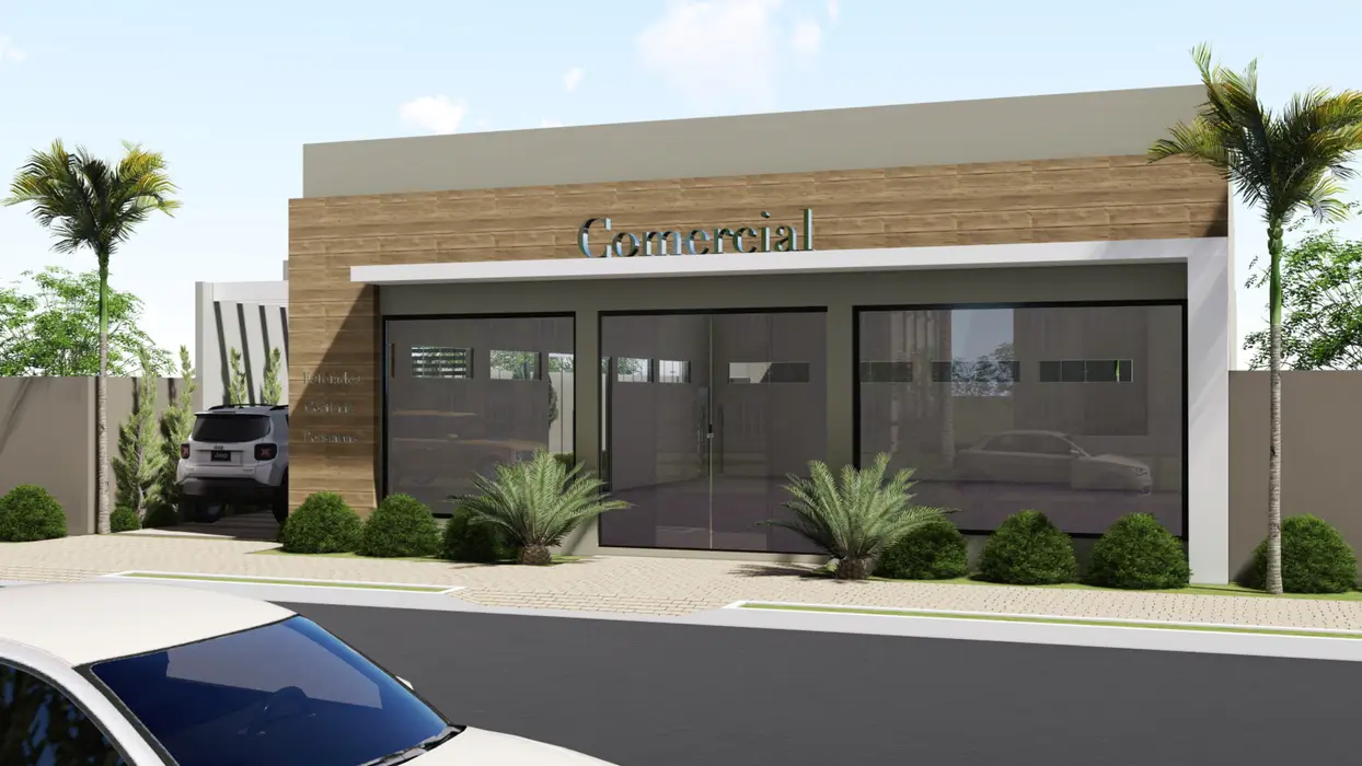 Fachadas para Lojas Pequenas: Como Modernizar seu Comércio de Rua Projeto 3D da fachada de um pequeno centro comercial, com três lojas com grandes vitrines de vidro, esquadrias escuras e detalhe em painel amadeirado