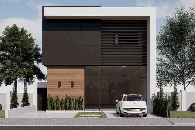 Projeto 3D de uma fachada comercial pequena de dois andares, com design moderno combinando painéis escuros, brise horizontal, revestimento amadeirado e uma grande porta de vidro.