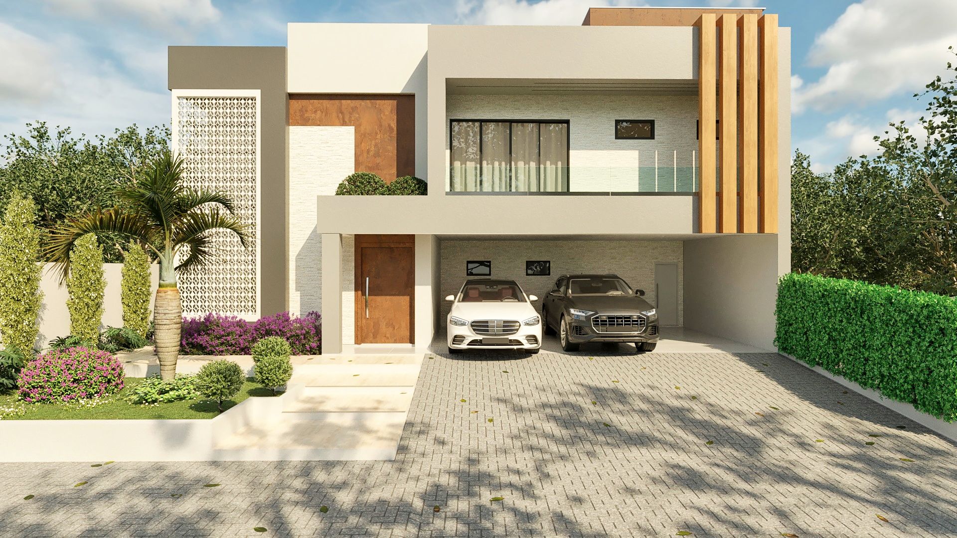 Fachada de um sobrado moderno com garagem para dois carros, combinando revestimentos de madeira ripada, painel cobogó e uma varanda com guarda-corpo de vidro.