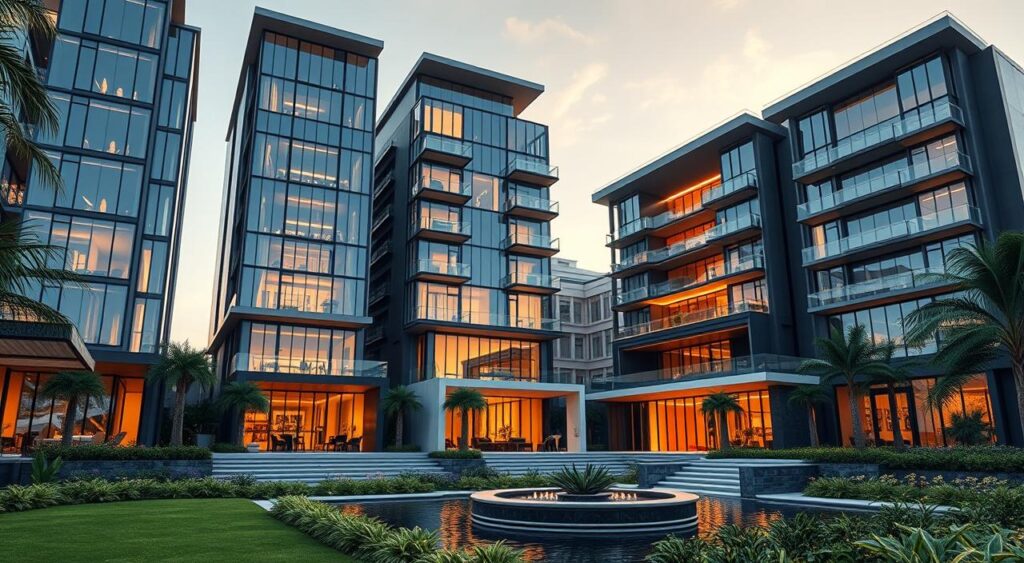 Fachadas de Alto Padrão: O Impacto do Vidro na Arquitetura de Luxo Complexo residencial de luxo ao entardecer, com múltiplos edifícios com fachadas de vidro de alto padrão, interiores iluminados e um sofisticado paisagismo com espelho d'água.