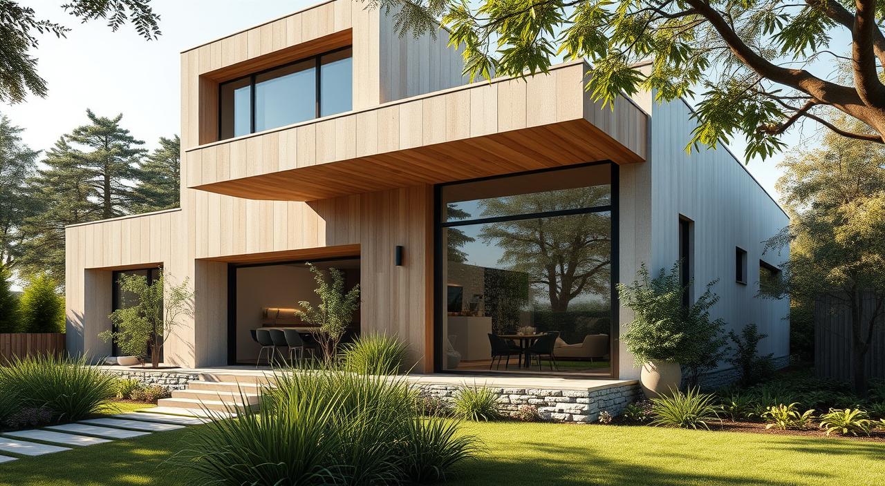 Fachadas de Casas Modernas e Simples: Tendências com Vidro e Madeira Fachada de casa moderna e minimalista com revestimento em madeira clara, grandes janelas de vidro com esquadria preta e jardim frontal bem cuidado.