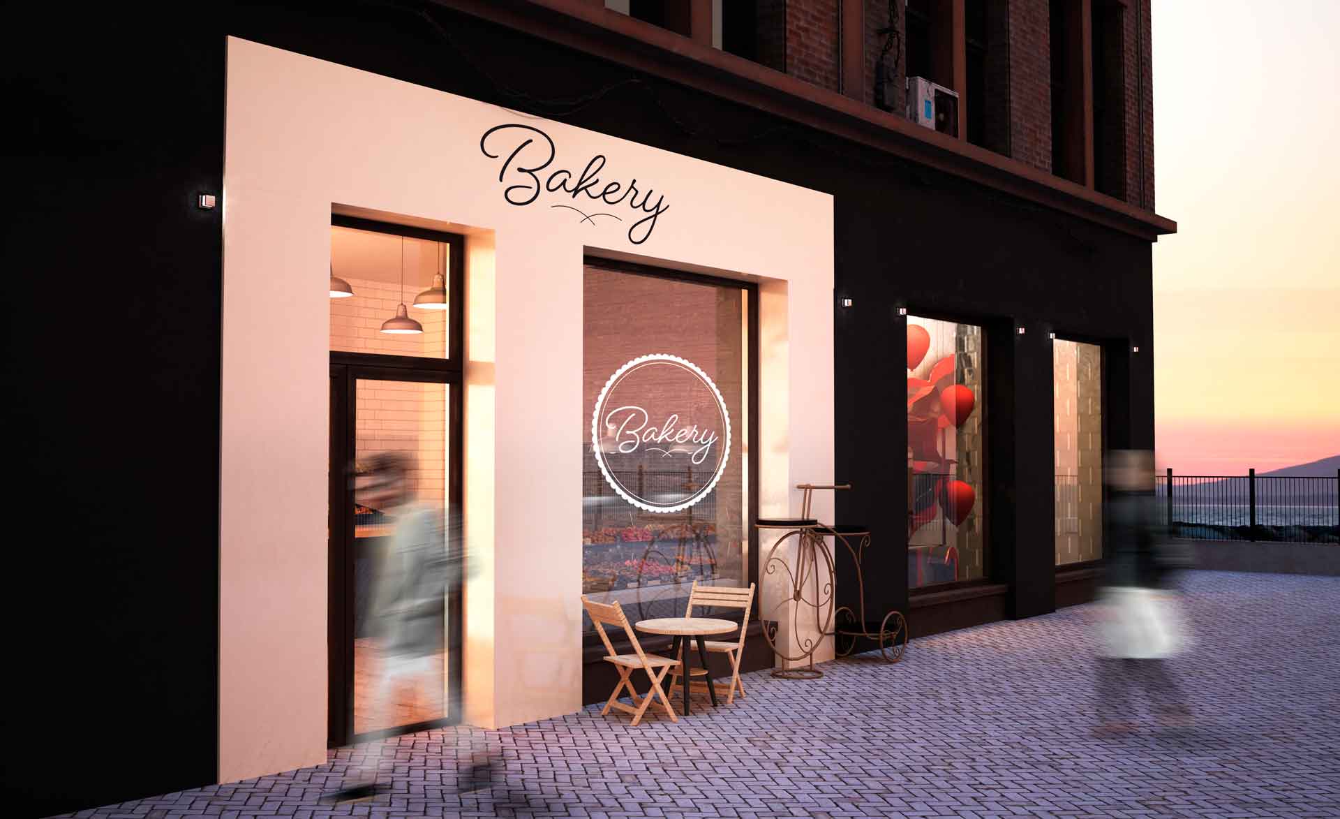 Fachada irresistível de uma padaria ao entardecer, com uma grande vitrine e porta de vidro que revelam o interior acolhedor e atraem os clientes.
