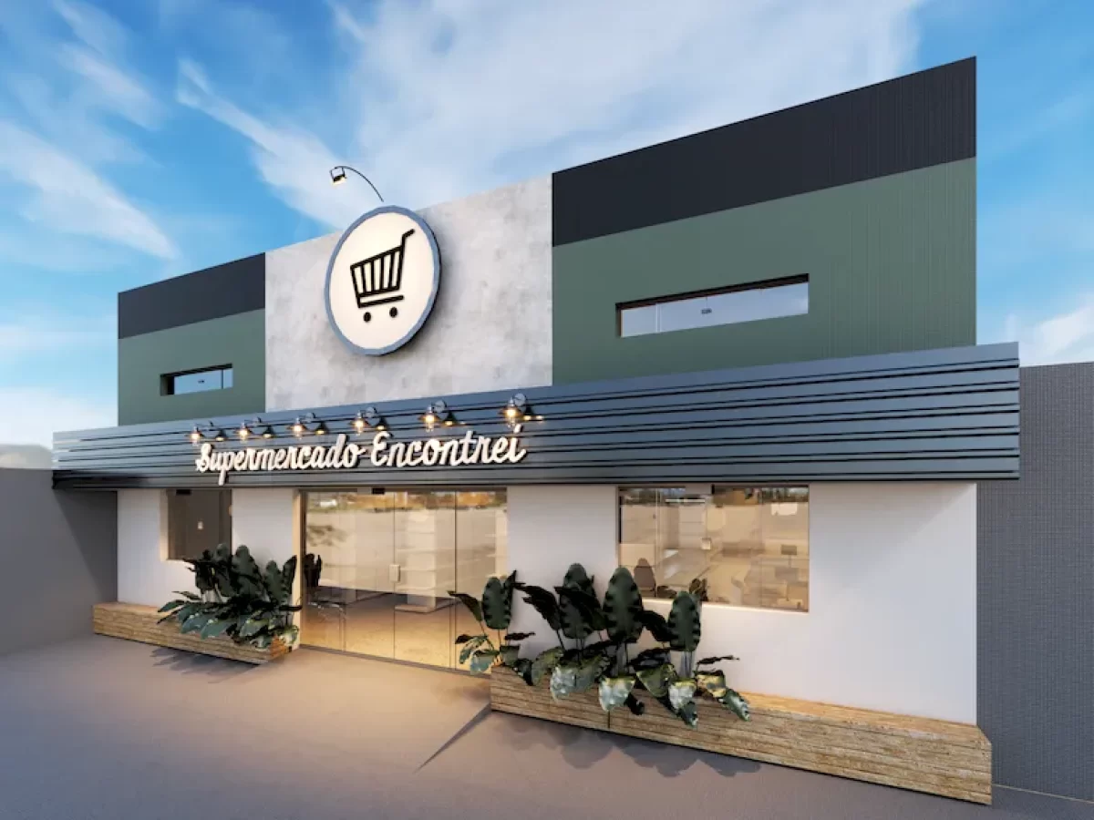 Modelo de fachada para mercadinho de bairro, mostrando como a combinação de revestimentos e uma entrada de vidro convidativa pode modernizar e atrair clientes para o negócio