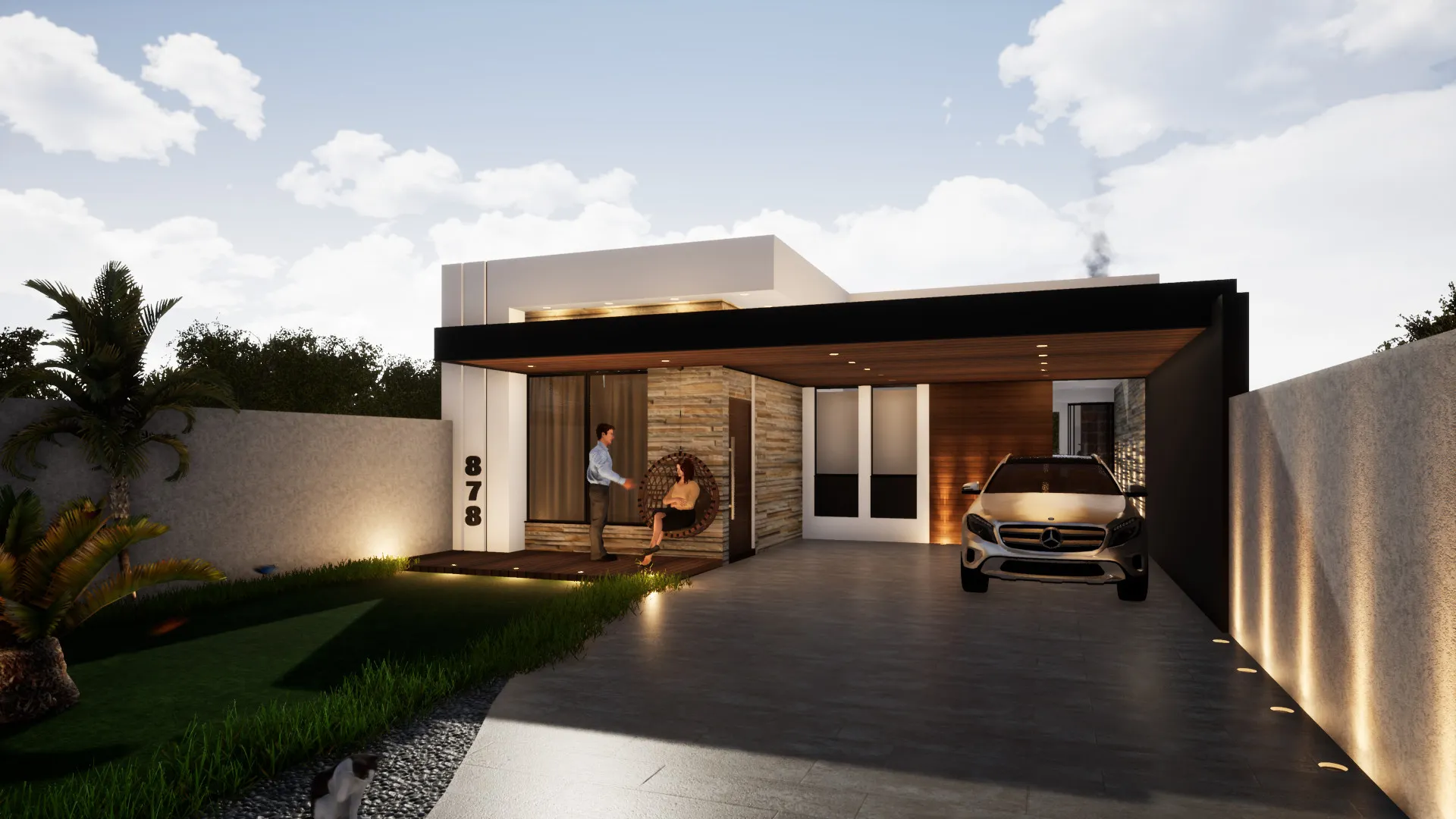 Fachada de casa térrea com garagem, combinando revestimentos modernos e um projeto de iluminação que cria uma entrada acolhedora e sofisticada.