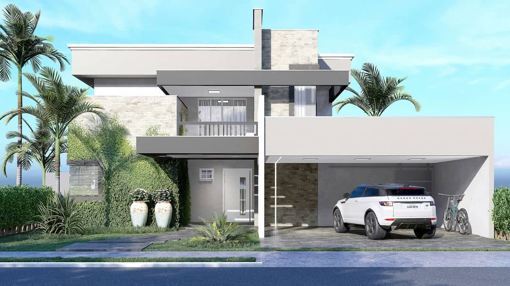 Projeto 3D de um sobrado moderno com garagem para dois carros, fachada com mistura de revestimentos de pedra, tijolinho e uma varanda com porta de correr e guarda-corpo de vidro.