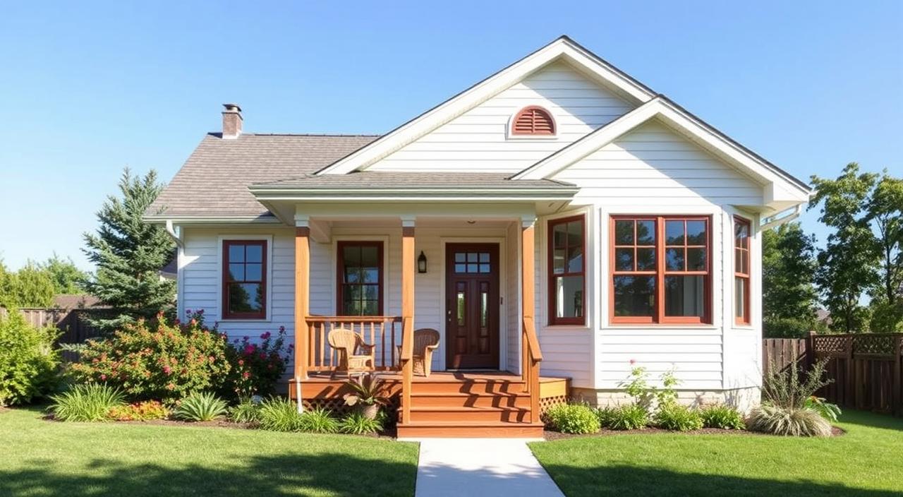 Paisagismo para frente de casa pequena com gramado verde, plantas ornamentais como cica e dracena, caminho de madeira e muros brancos.