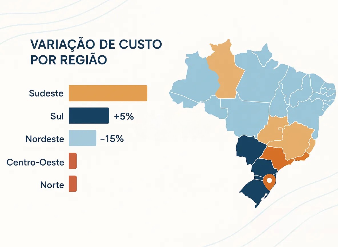 Gráfico comparativo de variação de custos regionais no Brasil Infográfico com mapa do Brasil mostrando a variação de custo por região, com destaque para Sudeste, Sul (+5%) e Nordeste (-15%).