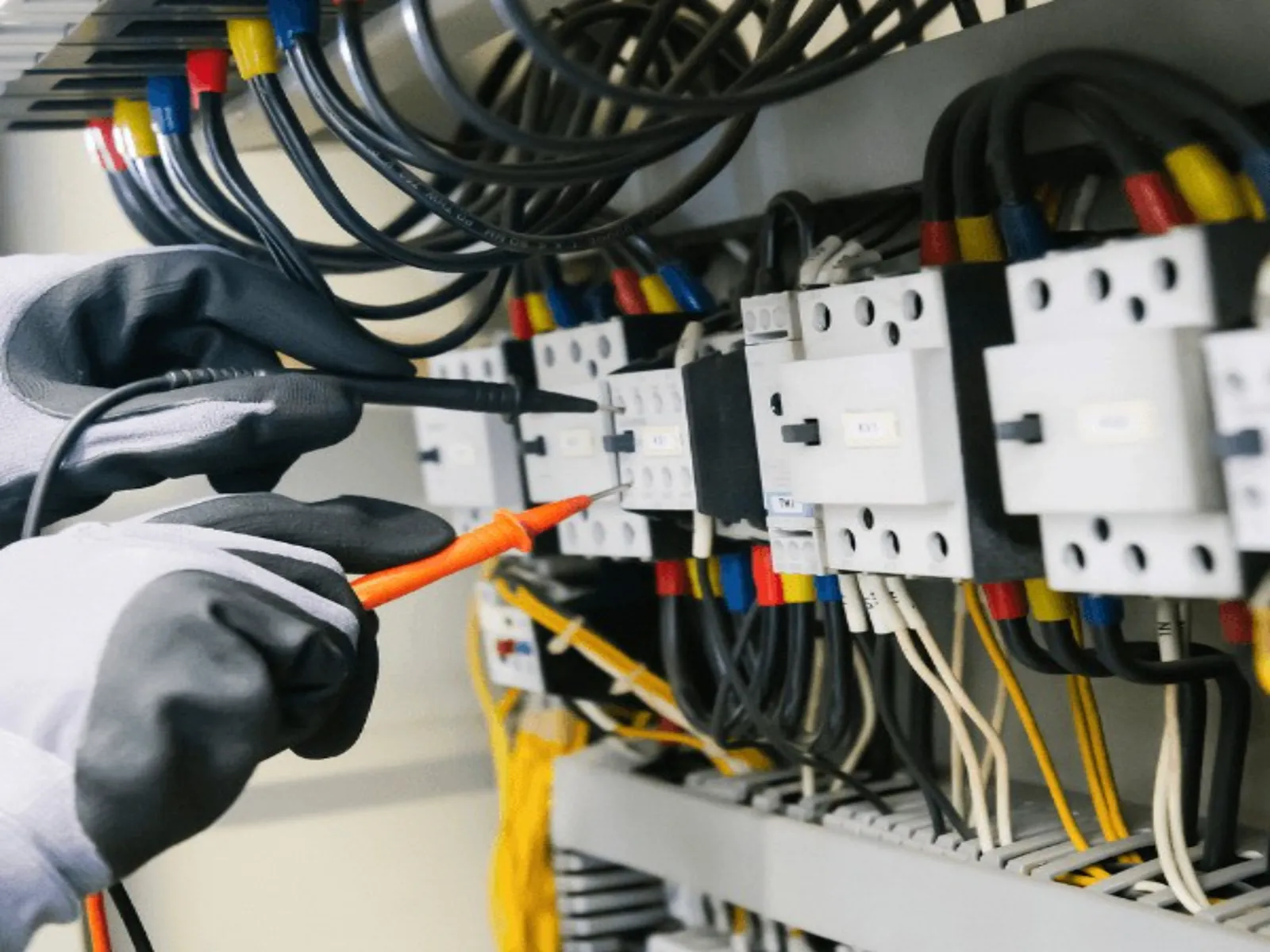 Manutenção elétrica industrial conforme a NR-10 Técnico com luvas de proteção testando painel elétrico industrial com multímetro