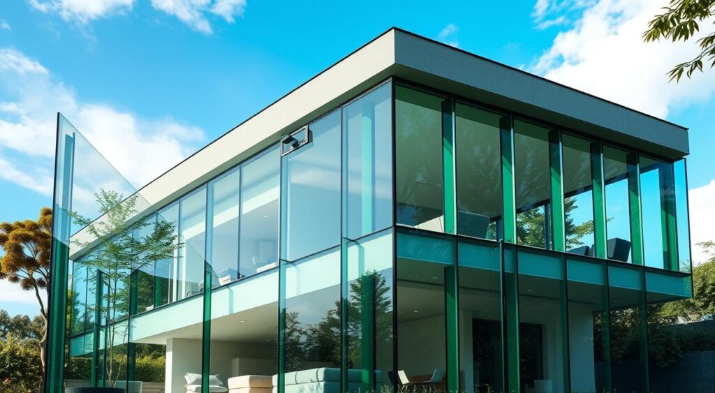 Exemplo de fachada de vidro contínua em residência de dois pavimentos, destacando a integração com o exterior e o uso de painéis de vidro translúcido em estrutura minimalista. O que são fachadas de vidro e como elas valorizam projetos modernos
