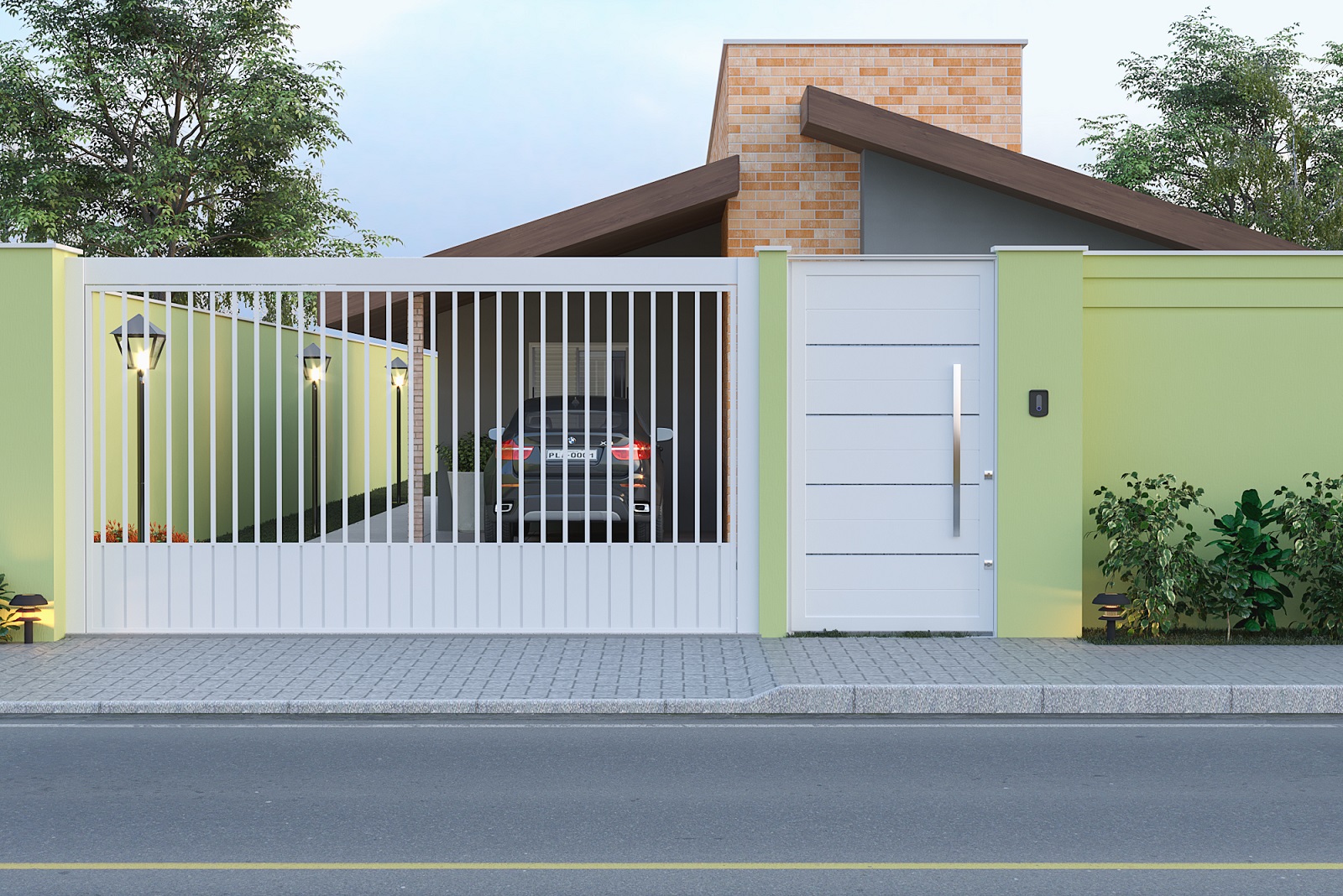 Fachada de casa com portão de garagem de grade vertical branca e portão social de alumínio com puxador em inox, muros verdes claros e iluminação de jardim. Modelos de portão de alumínio branco para fachadas de casas modernas