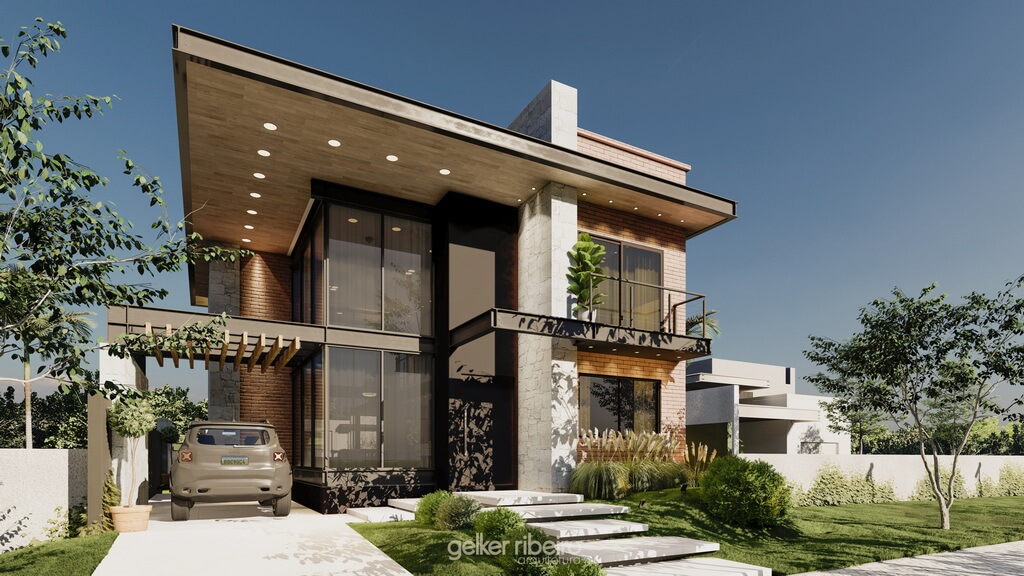 Inspire-se: Descubra qual Estilo de Fachada mais Combina com Você Projeto 3D de um sobrado de luxo em estilo contemporneo, com fachada que mistura tijolinho aparente, mármore, forro de madeira e grandes painéis de vidro.