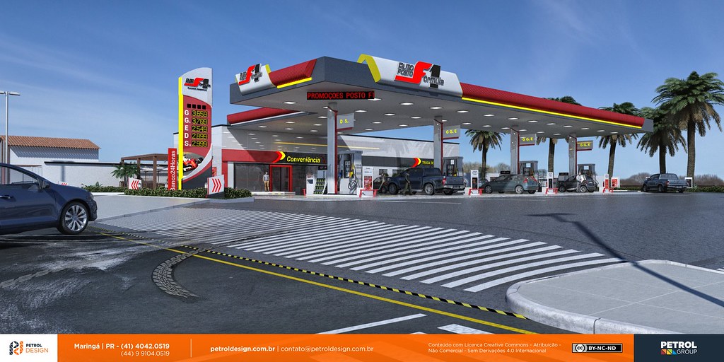 Exemplo de revitalização de fachada comercial com ACM, mostrando como o material é aplicado para criar uma identidade visual forte em um posto de combustível