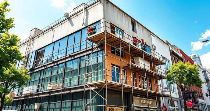 Como a reforma de fachada valoriza o imóvel comercial Equipe de profissionais realizando reforma de fachada em prédio comercial com estrutura de andaimes e janelas de vidro.