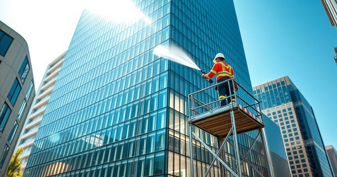 Limpeza técnica de fachadas de vidro em prédios comerciais modernos Profissional especializado realizando a limpeza de uma fachada de vidro de alta performance em um edifício comercial, utilizando jato de água de alta pressão e plataforma elevatória segura.