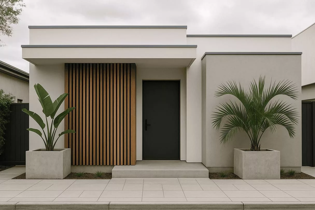 Fachada de uma casa pequena e minimalista, valorizada por um painel de madeira ripada vertical ao lado de uma porta preta sólida e paredes claras.