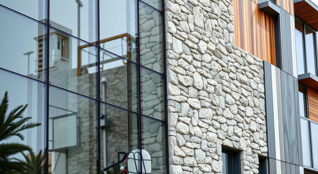 Detalhe da fachada de um edifício moderno que combina diferentes materiais: uma parede de vidro espelhado, um revestimento de pedra rústica e painéis de madeira.